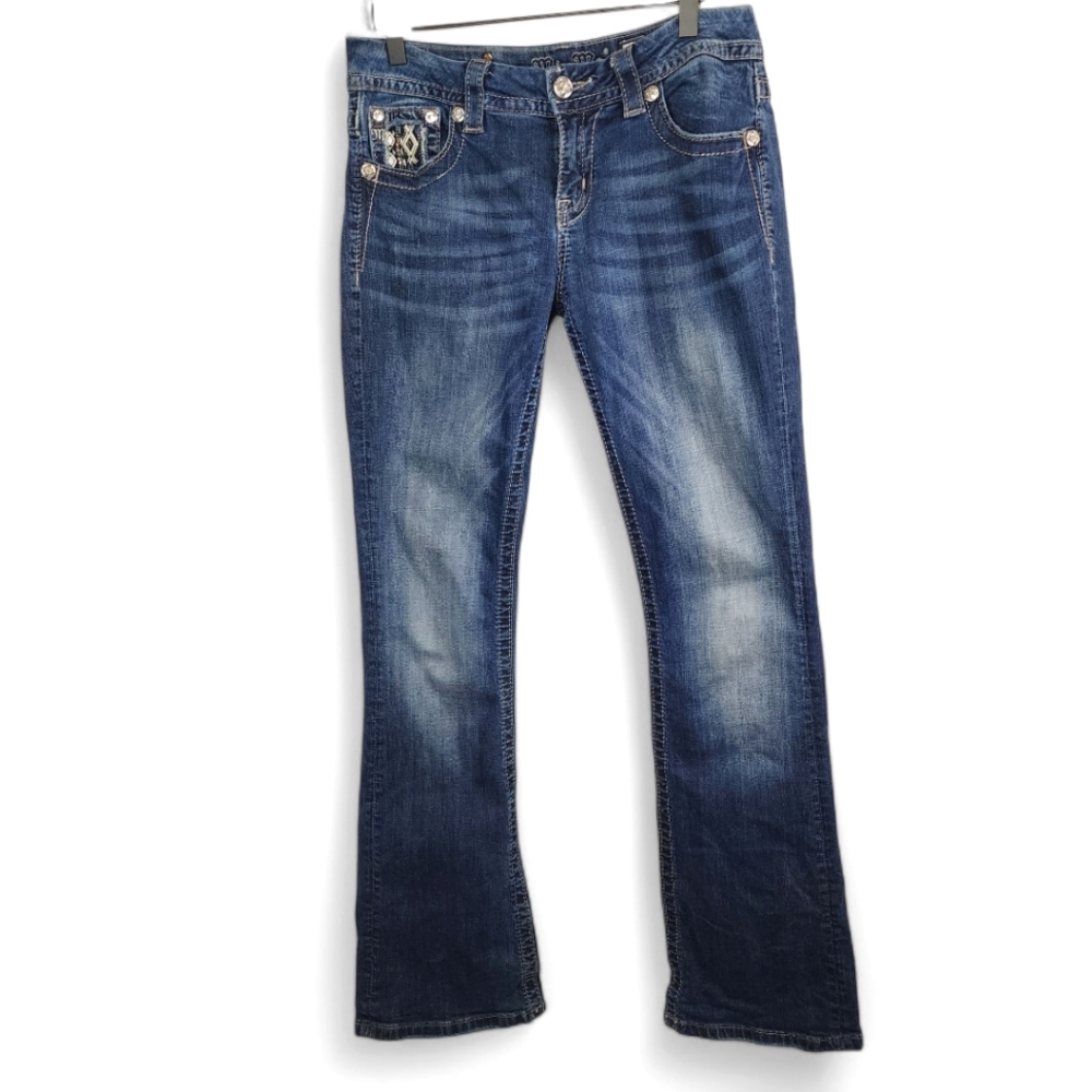 Miss Me Women's Mid-Rise Easy Boot Embellished Denim Blue Jeans Size 27